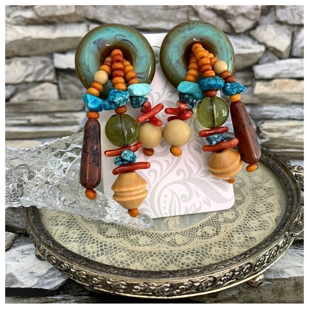 Vintage Signed Les Bernard Turquoise Coral Wooden Disc Beads Statement Earrings